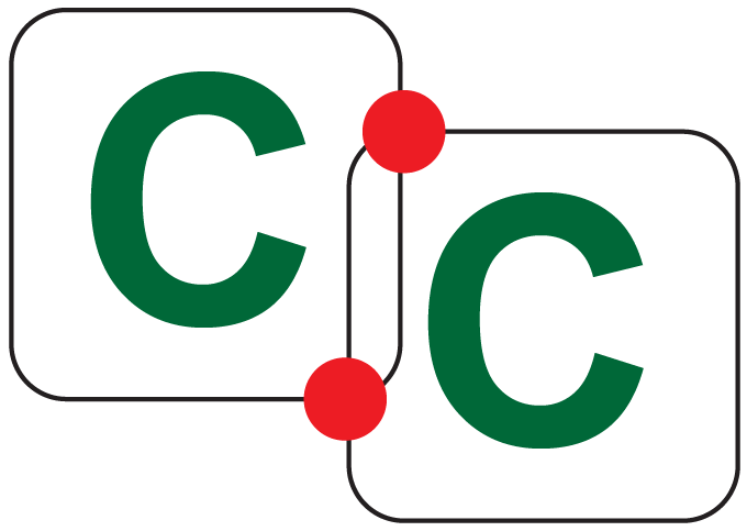 2 capital letter Cs in boxes with red spheres at intersections